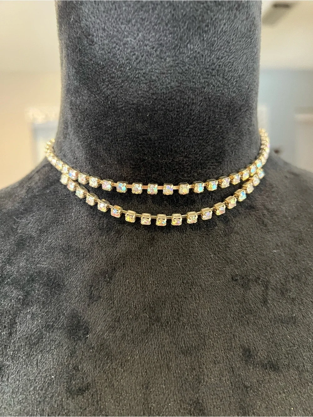 Vintage Gold-Tone Crystal Tennis Necklace - Aurora Borealis Sparkle